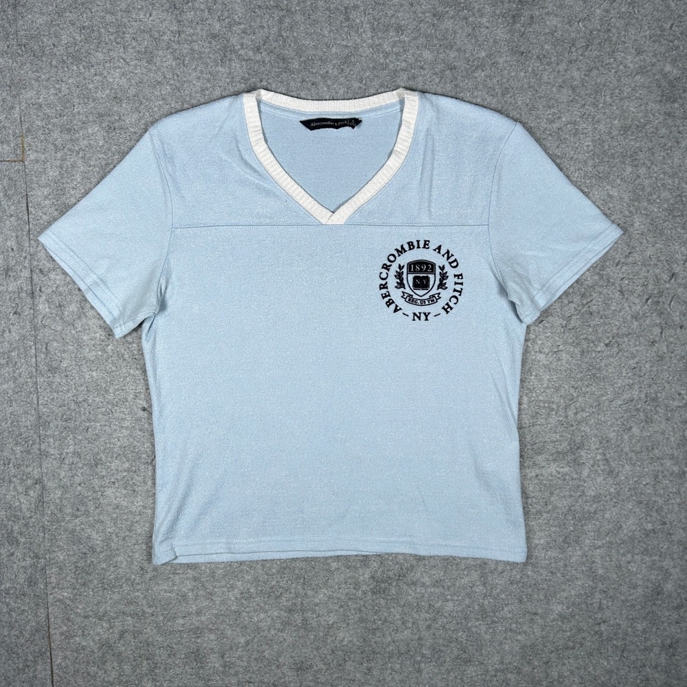 Abercrombie & Fitch T Shirt Womens Small Blue V-Neck Heritage Logo Y2K Preppy